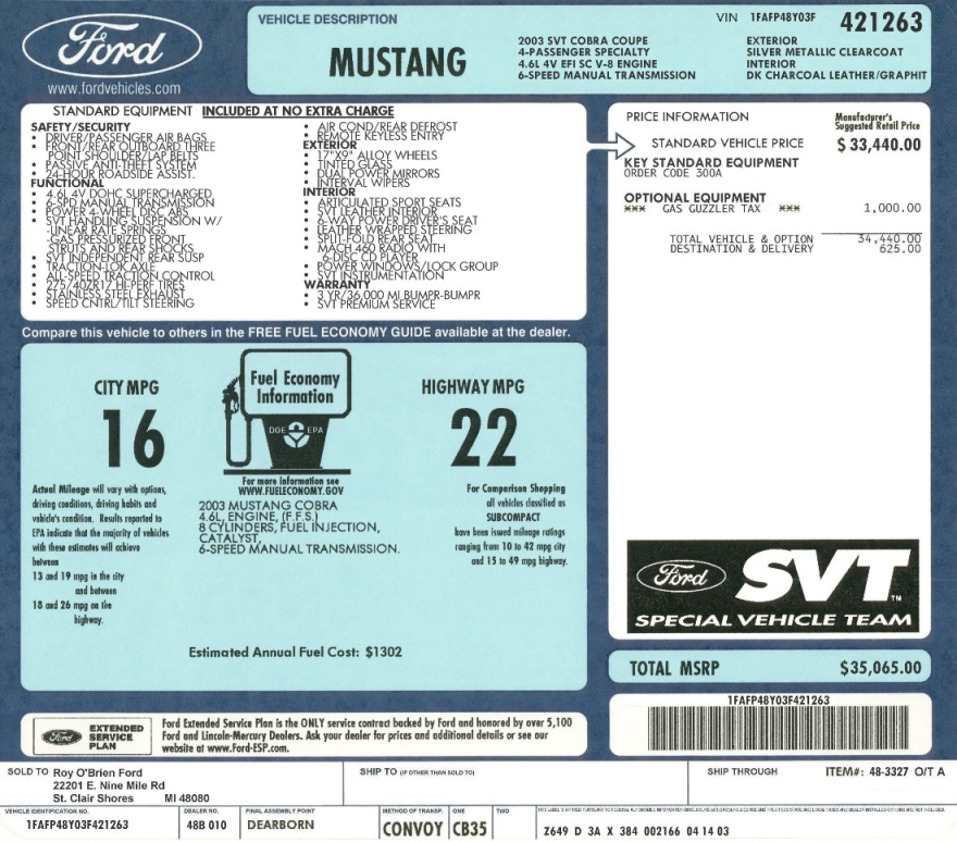 1996 1997 Mustang SVT Cobra Engine Signature Sticker OEM